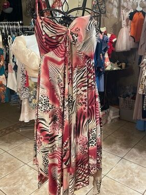 Asymmetrical Tie-Front Maxi Dress in Coral, Black & Cream